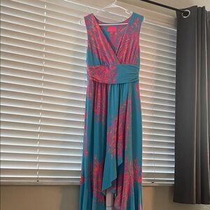 Lilly Pulitzer Teal and Pink High-Low Floral Maxi Dress